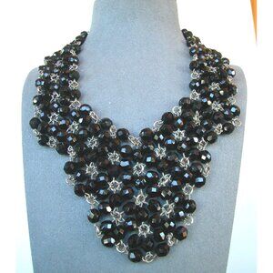 Vintage Multi-Strand Black Beaded Statement Necklace With Adjustable Chain Clasp